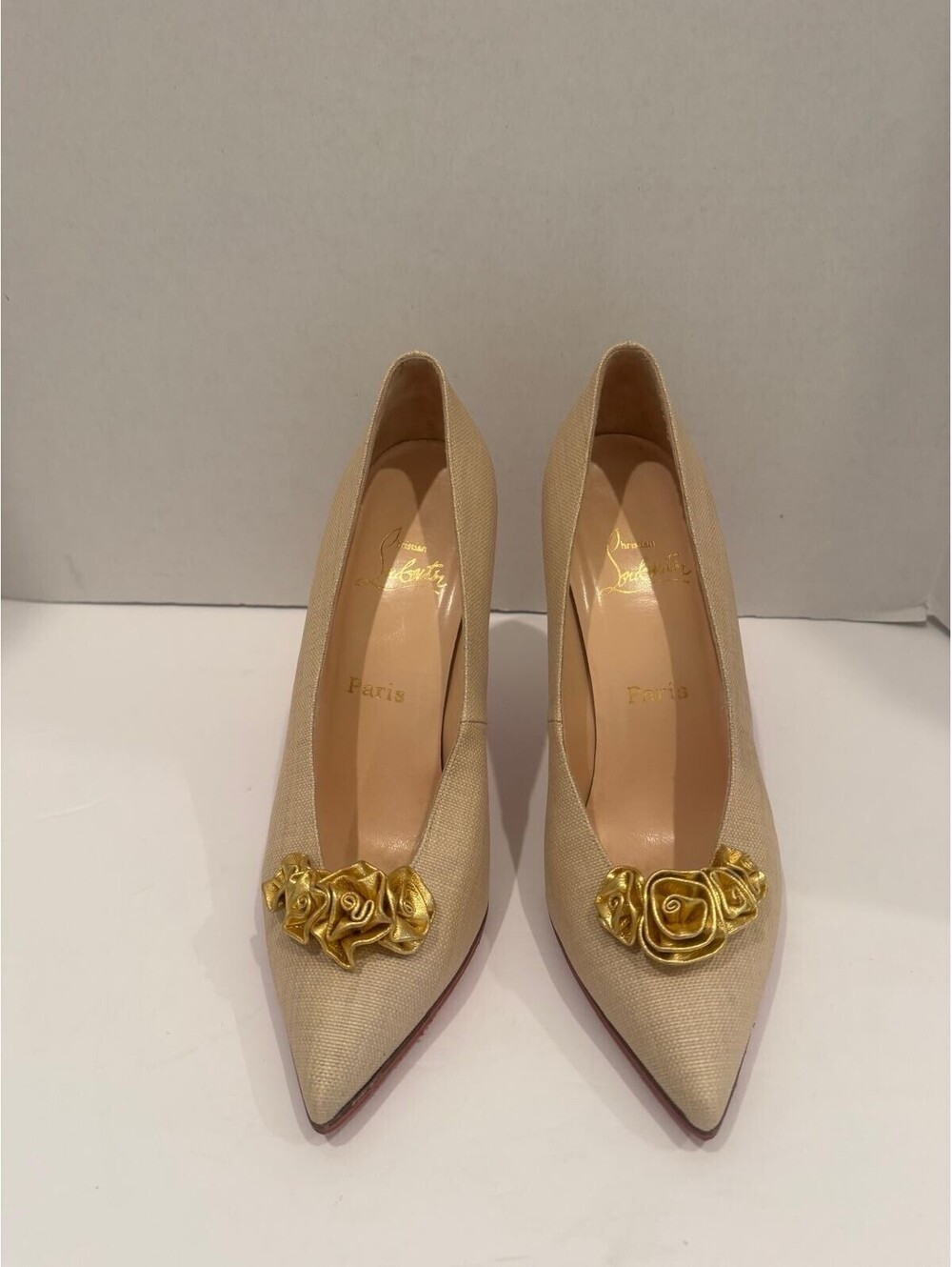 Christian Louboutin Lola Flores Pumps — Beige Woven Canvas| Size 40- US Size 9.5